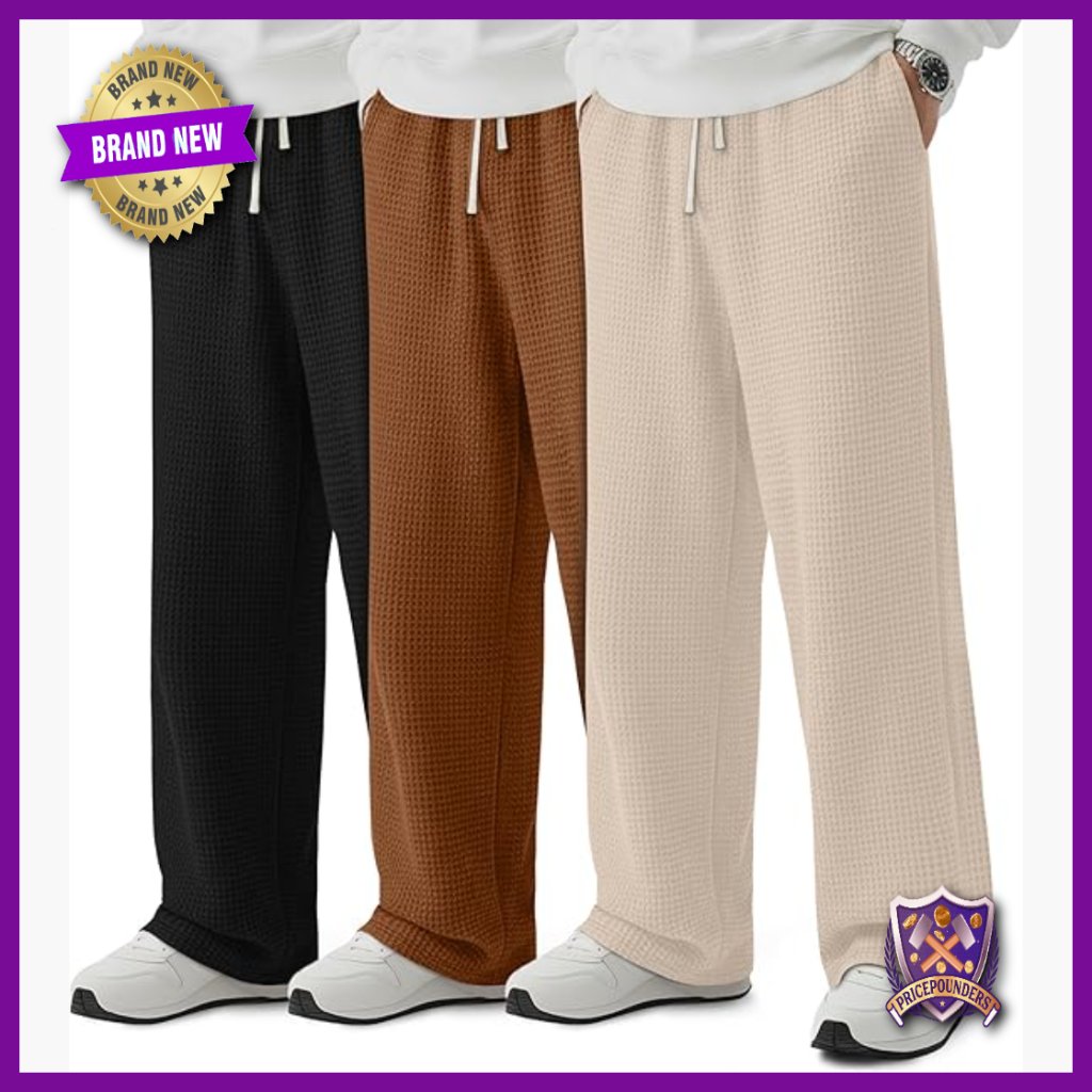 3 Pack Men's Waffle Sweatpants Drawstring Wide Leg Casual Joggers